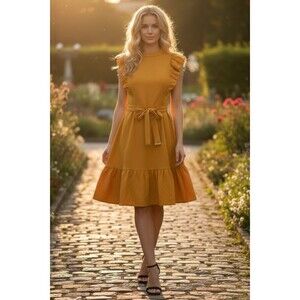 Tommy Hilfiger Yellow Fit & Flare Belted Mock Neck Scuba Crepe Size 6 Dress Chic